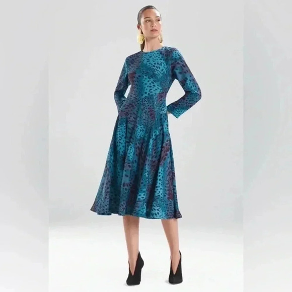 Natori Blue Teal Cheetah Print Swing Midi Dress Women’s Size 4 Small S - Picture 1 of 8
